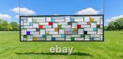 Modern Geometric Stained Glass Panel 39.5 x 14 Frosted Bevels, Clear