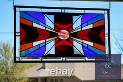 Modern Stained Glass Window Panel. Golden Amber Star Design. 23.5 x 13.375