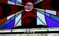 Modern Stained Glass Window Panel. Golden Amber Star Design. 23.5 x 13.375