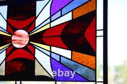 Modern Stained Glass Window Panel. Golden Amber Star Design. 23.5 x 13.375