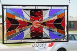 Modern Stained Glass Window Panel. Golden Amber Star Design. 23.5 x 13.375