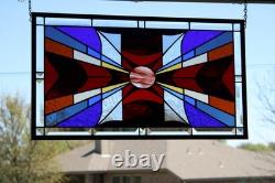 Modern Stained Glass Window Panel. Golden Amber Star Design. 23.5 x 13.375