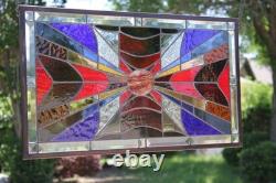 Modern Stained Glass Window Panel. Golden Amber Star Design. 23.5 x 13.375