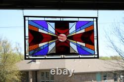 Modern Stained Glass Window Panel. Golden Amber Star Design. 23.5 x 13.375