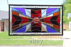 Modern Stained Glass Window Panel. Golden Amber Star Design. 23.5 x 13.375