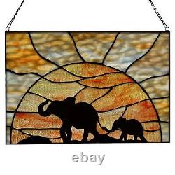 Mother Baby Elephant Stained Glass Tiffany Style Suncatcher Window Panel 14x10in