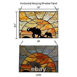 Mother Baby Elephant Stained Glass Tiffany Style Suncatcher Window Panel 14x10in