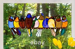 Multi Stained Glass Birds on a Wire Window Panel, 24.25 x 9.5 162-Pieces Glass