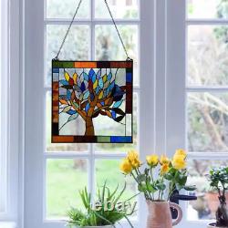 Multi Stained Glass Mystical World Tree Window Panel, 31-pieces of glass, 18x18