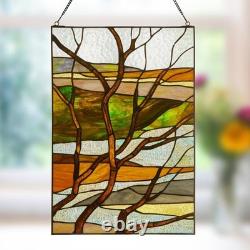 Multicolored Fall Treescape Stained Glass Window Panel