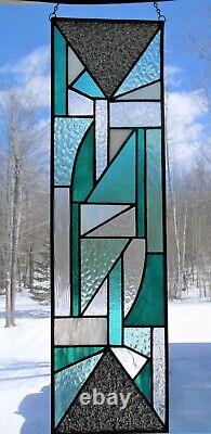 New, Handmade Long Window Panel Abstract Stained Glass Teal, White & Clear