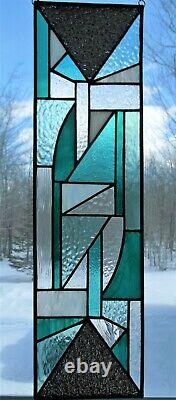 New, Handmade Long Window Panel Abstract Stained Glass Teal, White & Clear