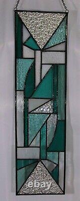 New, Handmade Long Window Panel Abstract Stained Glass Teal, White & Clear