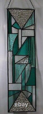 New, Handmade Long Window Panel Abstract Stained Glass Teal, White & Clear
