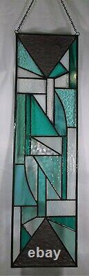 New, Handmade Long Window Panel Abstract Stained Glass Teal, White & Clear