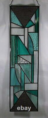 New, Handmade Long Window Panel Abstract Stained Glass Teal, White & Clear