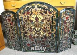 Nice 27.5 X 40 Tiffany Style Stained Glass 3 Panel Folding Fireplace Screen