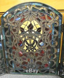 Nice 27.5 X 40 Tiffany Style Stained Glass 3 Panel Folding Fireplace Screen