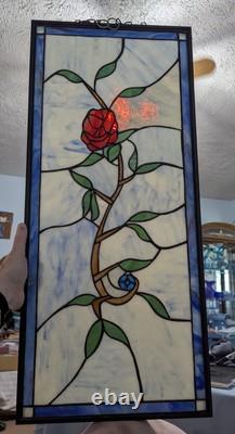 Nielsen Stained Glass Panel, Rose, Blue Window Hanging 28 3/4 X 12 1/2 Framed