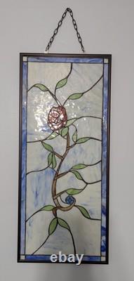 Nielsen Stained Glass Panel, Rose, Blue Window Hanging 28 3/4 X 12 1/2 Framed