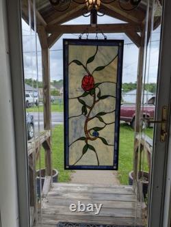Nielsen Stained Glass Panel, Rose, Blue Window Hanging 28 3/4 X 12 1/2 Framed