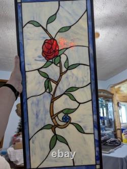 Nielsen Stained Glass Panel, Rose, Blue Window Hanging 28 3/4 X 12 1/2 Framed