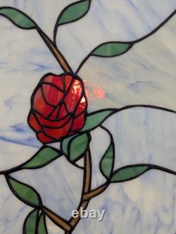 Nielsen Stained Glass Panel, Rose, Blue Window Hanging 28 3/4 X 12 1/2 Framed