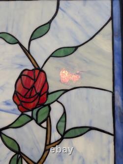 Nielsen Stained Glass Panel, Rose, Blue Window Hanging 28 3/4 X 12 1/2 Framed