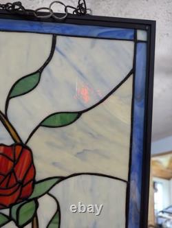 Nielsen Stained Glass Panel, Rose, Blue Window Hanging 28 3/4 X 12 1/2 Framed