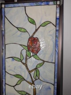 Nielsen Stained Glass Panel, Rose, Blue Window Hanging 28 3/4 X 12 1/2 Framed