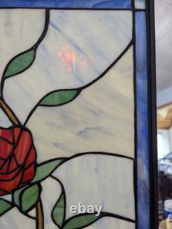 Nielsen Stained Glass Panel, Rose, Blue Window Hanging 28 3/4 X 12 1/2 Framed