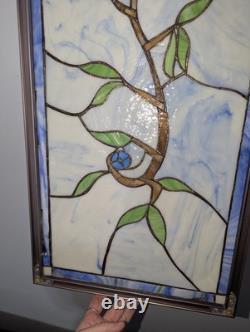 Nielsen Stained Glass Panel, Rose, Blue Window Hanging 28 3/4 X 12 1/2 Framed
