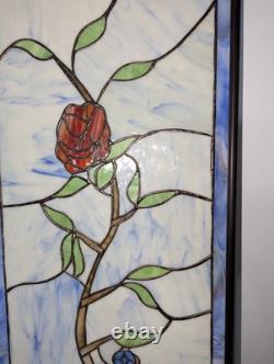 Nielsen Stained Glass Panel, Rose, Blue Window Hanging 28 3/4 X 12 1/2 Framed