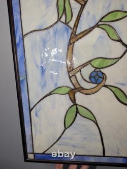 Nielsen Stained Glass Panel, Rose, Blue Window Hanging 28 3/4 X 12 1/2 Framed
