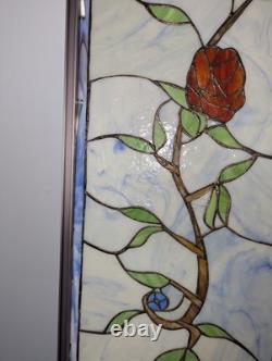 Nielsen Stained Glass Panel, Rose, Blue Window Hanging 28 3/4 X 12 1/2 Framed