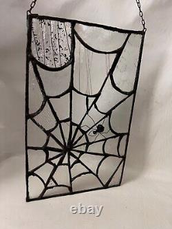 Novelty Halloween Clear Beveled Stain Glass Panel Cobweb withBlack Spider 14 x 9