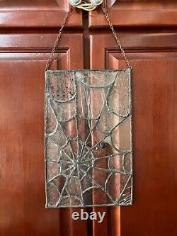 Novelty Halloween Clear Beveled Stain Glass Panel Cobweb withBlack Spider 14 x 9