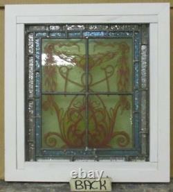 OLD ENGLISH LEADED STAINED GLASS WINDOW Handpainted Panel with Border 14 x 15