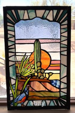 OOAK Hand Crafted Stained Glass Window Desert Landscape approx 14x22 Sunset