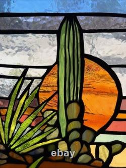 OOAK Hand Crafted Stained Glass Window Desert Landscape approx 14x22 Sunset