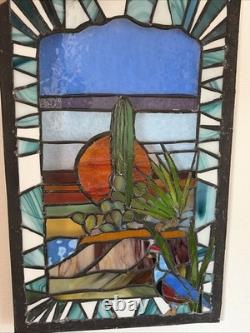 OOAK Hand Crafted Stained Glass Window Desert Landscape approx 14x22 Sunset
