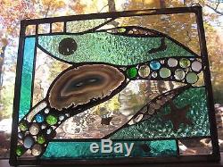 Ocean Treasures 18 stained glass panel window with large sliced agate, shells