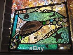 Ocean Treasures 18 stained glass panel window with large sliced agate, shells