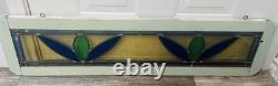 Old English Leaded Stained Glass Window Panel VTG Transom Framed 41 Blue, Green