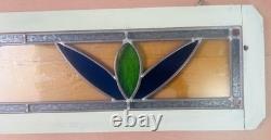 Old English Leaded Stained Glass Window Panel VTG Transom Framed 41 Blue, Green