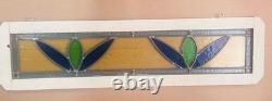 Old English Leaded Stained Glass Window Panel VTG Transom Framed 41 Blue, Green