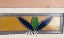 Old English Leaded Stained Glass Window Panel VTG Transom Framed 41 Blue, Green