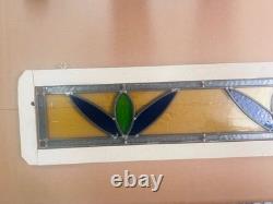 Old English Leaded Stained Glass Window Panel VTG Transom Framed 41 Blue, Green