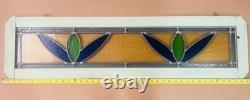 Old English Leaded Stained Glass Window Panel VTG Transom Framed 41 Blue, Green