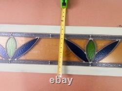 Old English Leaded Stained Glass Window Panel VTG Transom Framed 41 Blue, Green